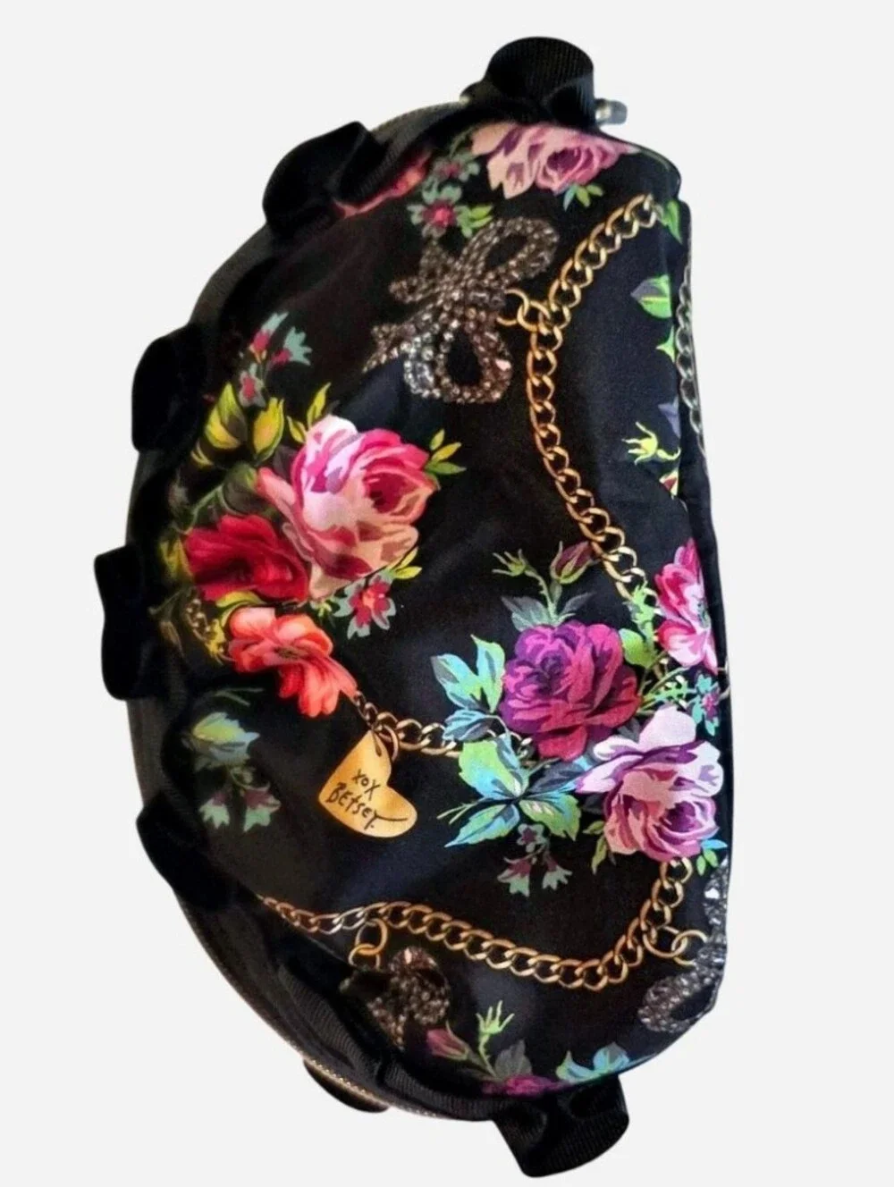 Vintage Betsey Johnson Ruffle Cosmetic Bag Roses, Floral, Chains Bows